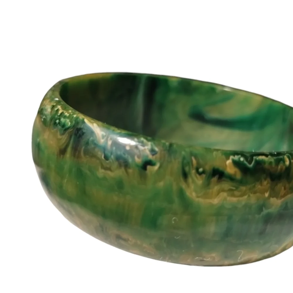 BAKELITE End of Day Marbled Bracelet & Earrings Green, Gold, Black Vintage Set